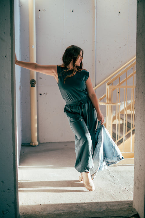 Drawstring Waist Sleeveless Knit Active Jumpsuit