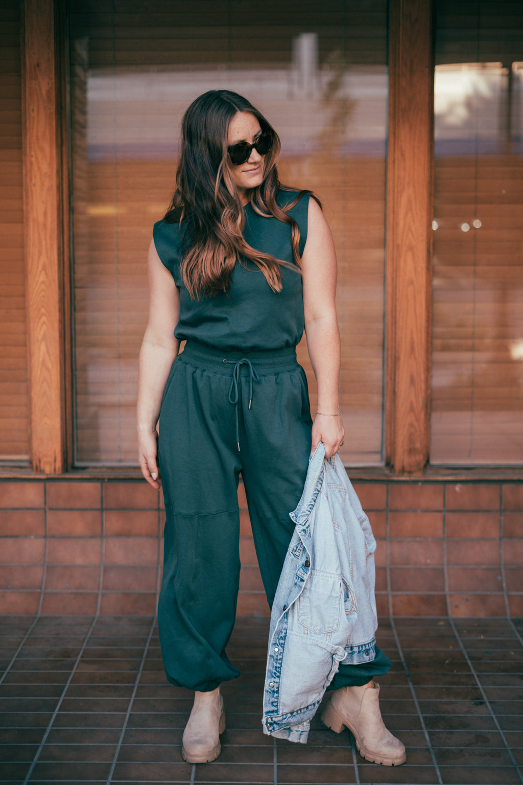 Drawstring Waist Sleeveless Knit Active Jumpsuit